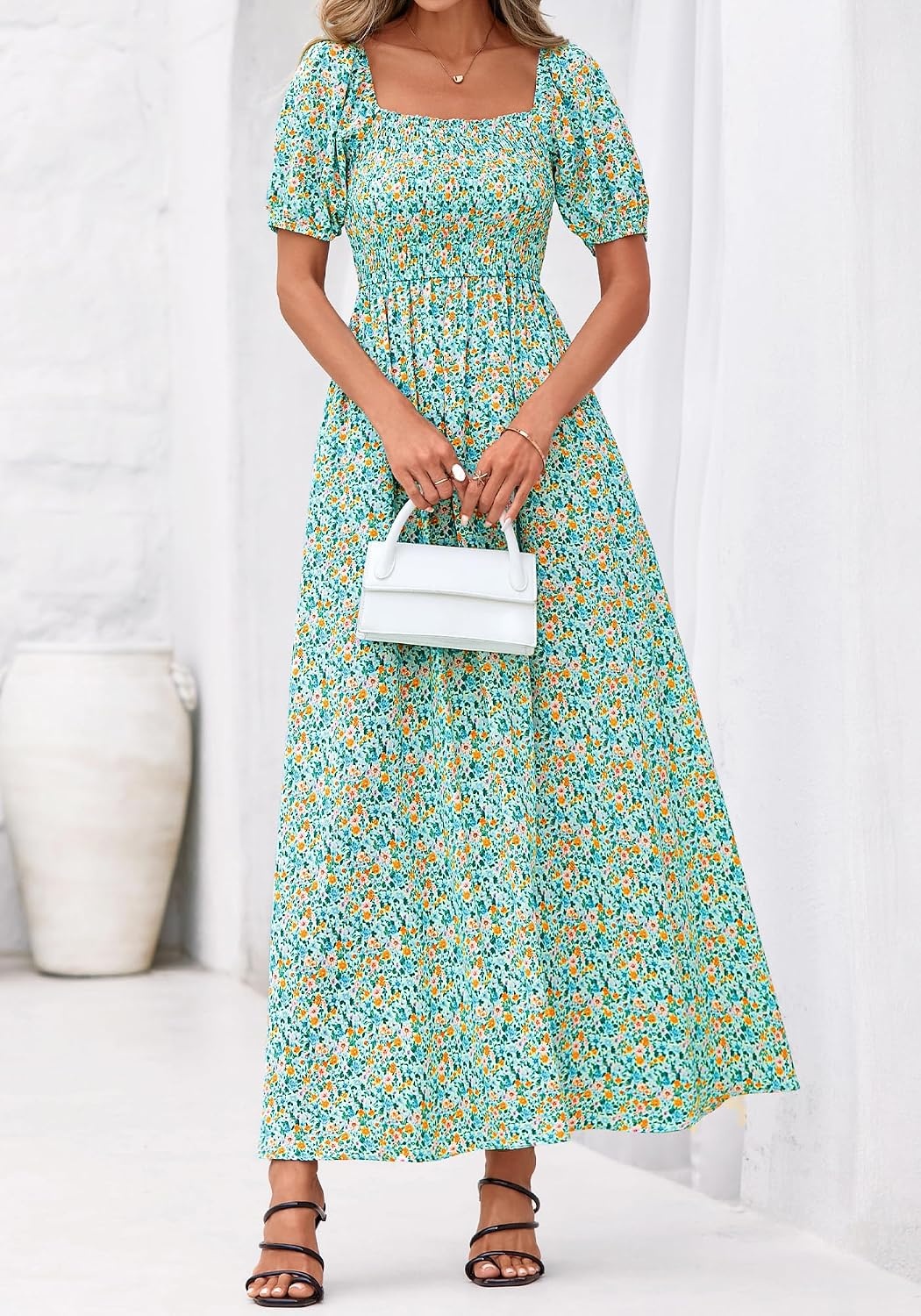 image:imageBTFBM Summer Maxi Dresses for Women Wedding Guest Spring Floral Boho Short Sleeve Smocked Beach Graduation Dress 2026Light Green Flower