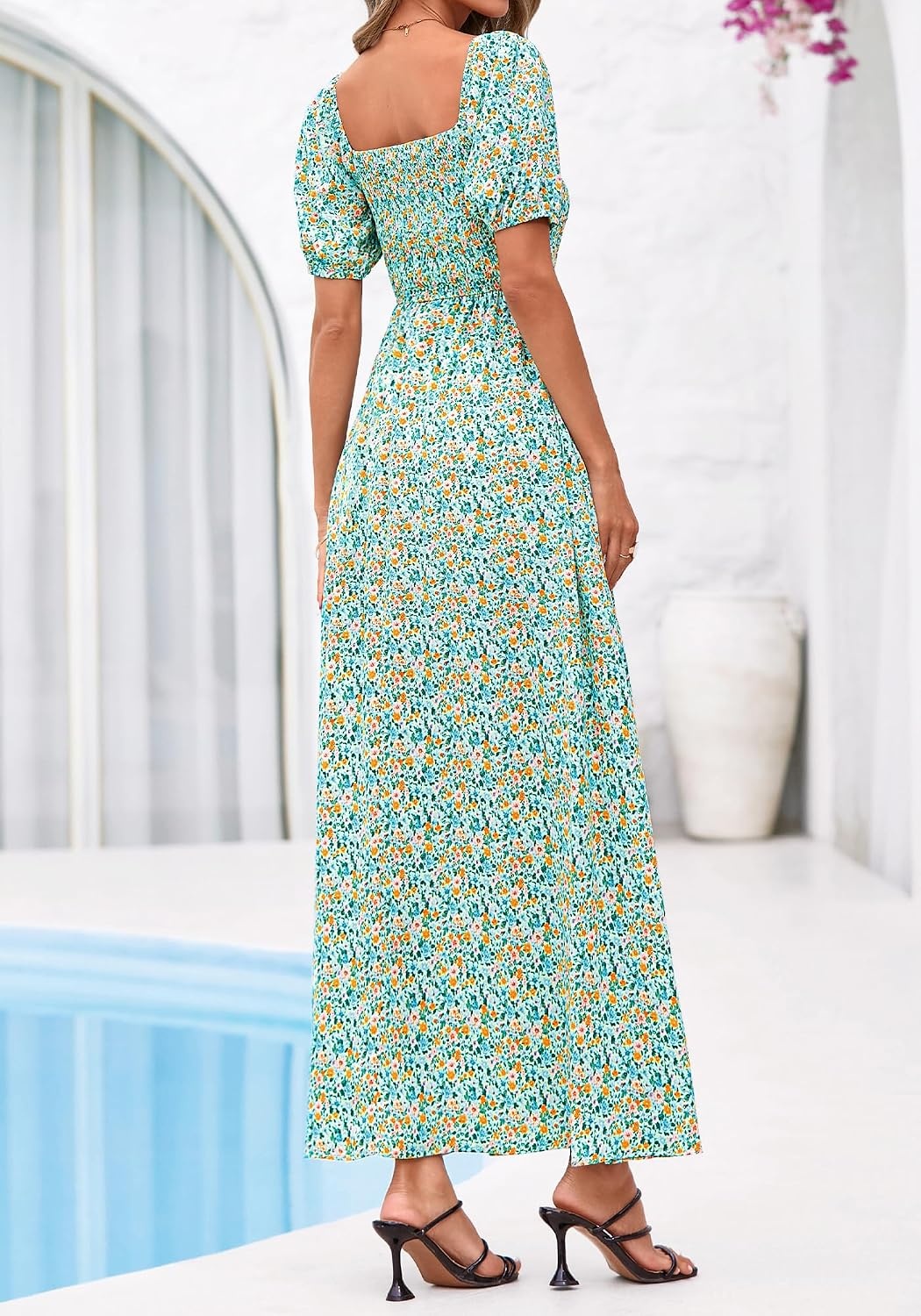 image:imageBTFBM Summer Maxi Dresses for Women Wedding Guest Spring Floral Boho Short Sleeve Smocked Beach Graduation Dress 2026Light Green Flower