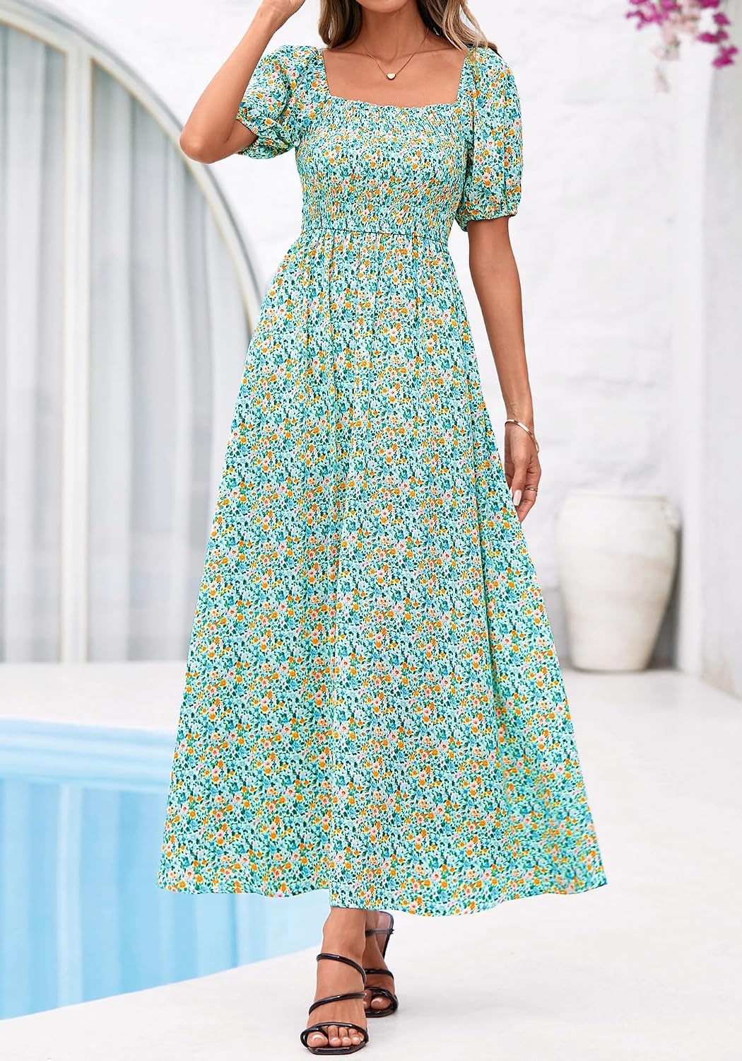 image:imageBTFBM Summer Maxi Dresses for Women Wedding Guest Spring Floral Boho Short Sleeve Smocked Beach Graduation Dress 2026Light Green Flower