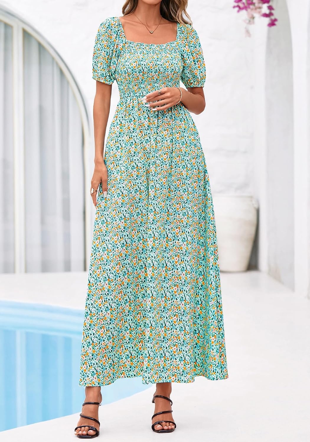 image:imageBTFBM Summer Maxi Dresses for Women Wedding Guest Spring Floral Boho Short Sleeve Smocked Beach Graduation Dress 2026Light Green Flower
