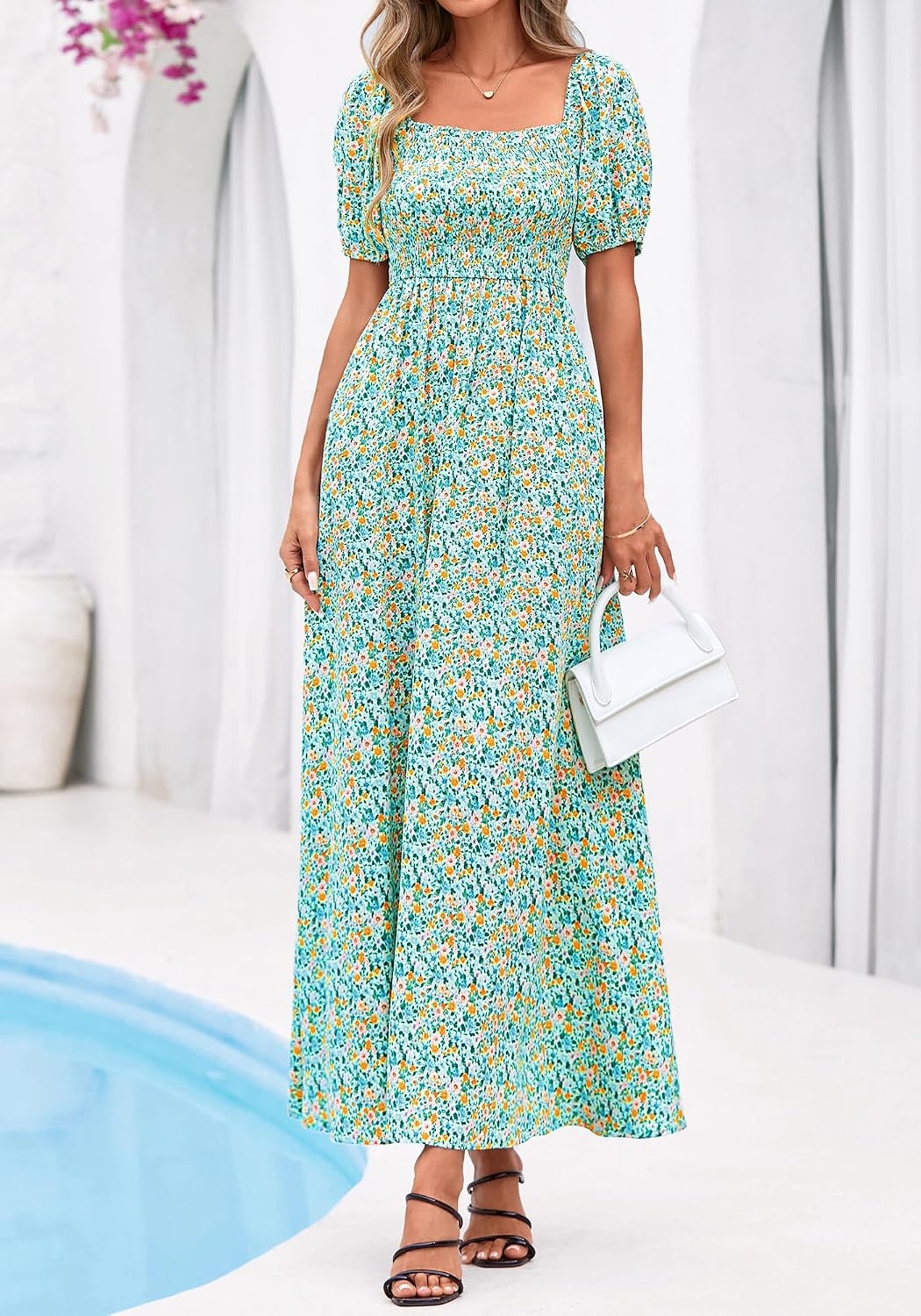 image:imageBTFBM Summer Maxi Dresses for Women Wedding Guest Spring Floral Boho Short Sleeve Smocked Beach Graduation Dress 2026Light Green Flower