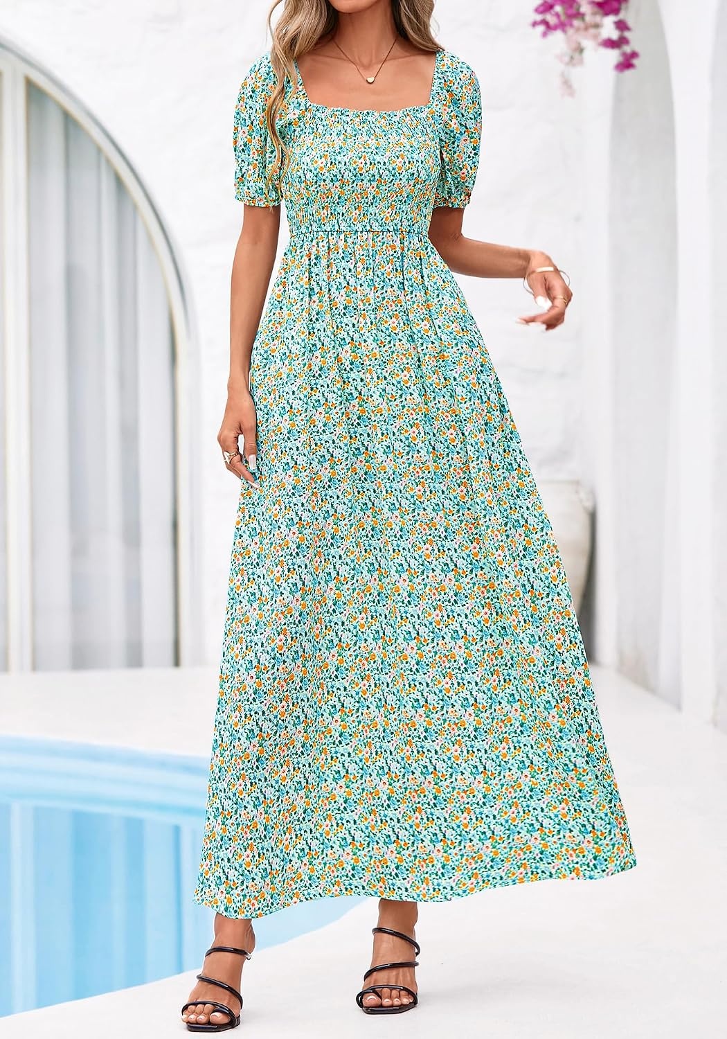 image:imageBTFBM Summer Maxi Dresses for Women Wedding Guest Spring Floral Boho Short Sleeve Smocked Beach Graduation Dress 2026Light Green Flower