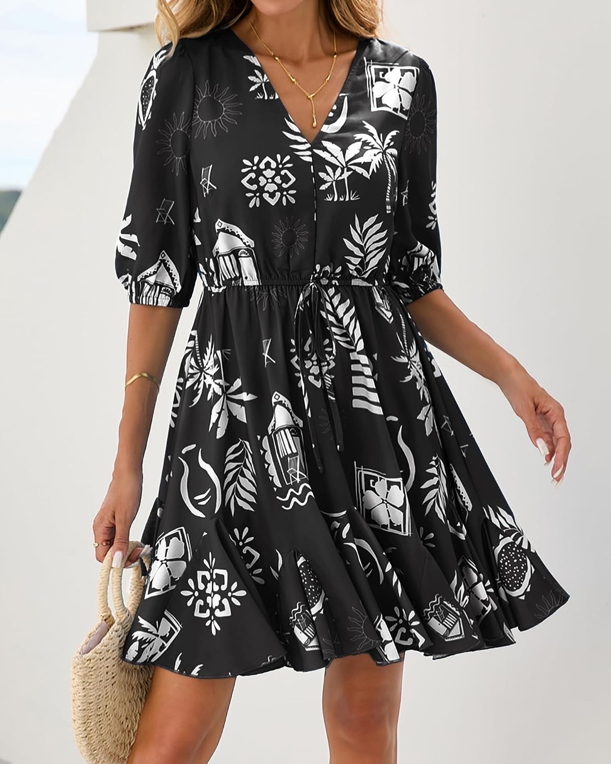 image:imageBTFBM Summer Mini Floral Dress for Women Beach VacationFloral Black White