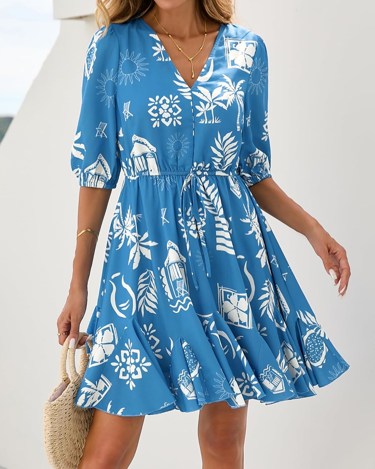 image:imageBTFBM Summer Mini Floral Dress for Women Beach VacationFloral Blue White
