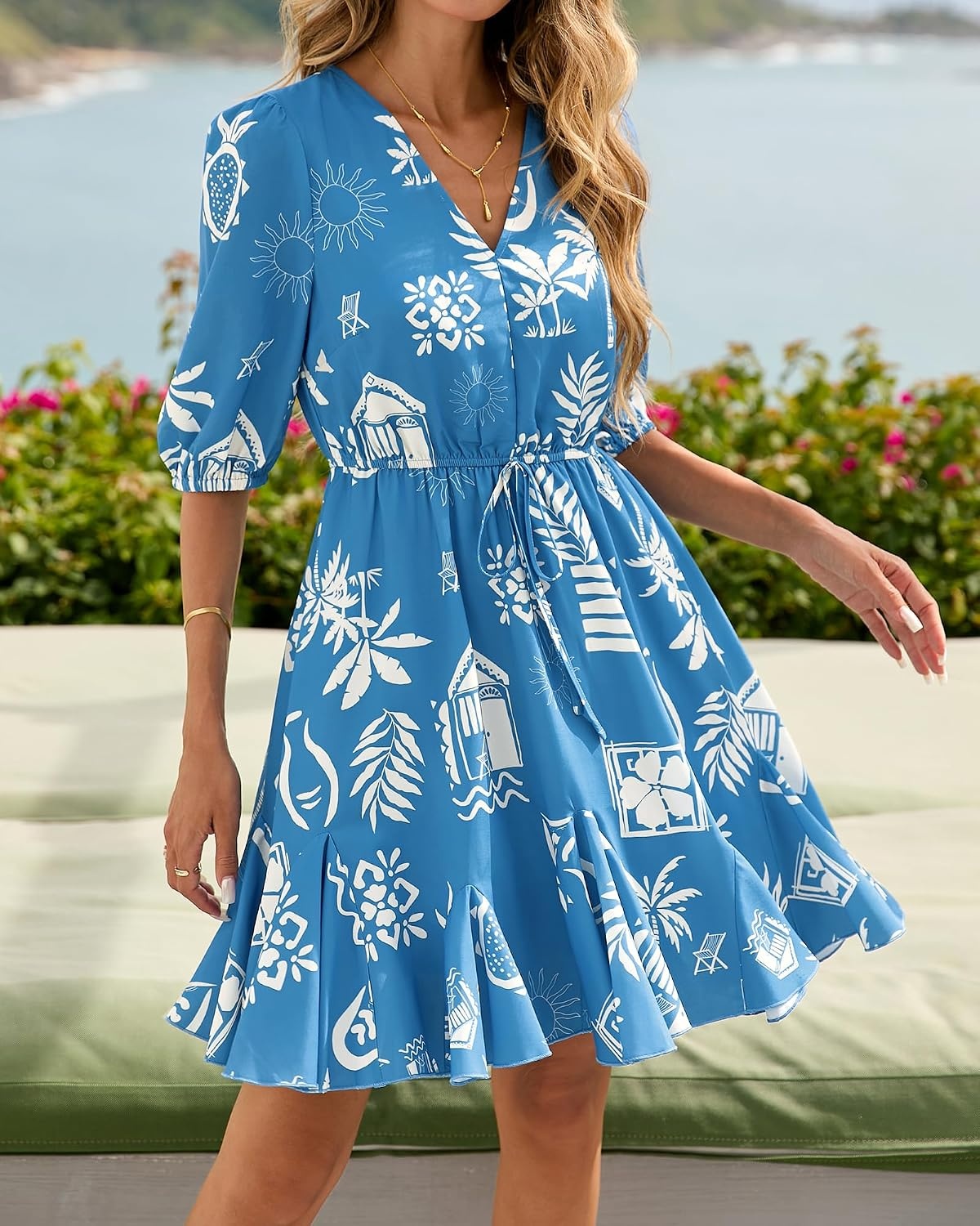 image:imageBTFBM Summer Mini Floral Dress for Women Beach VacationFloral Blue White
