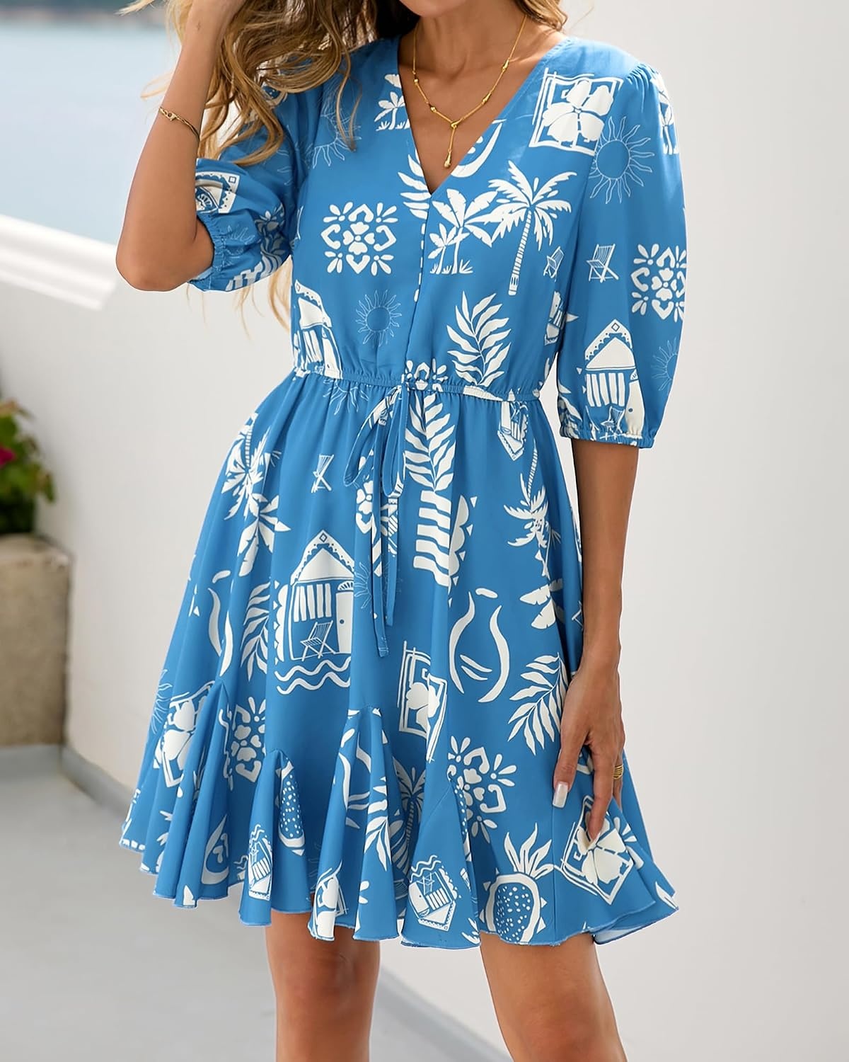 image:imageBTFBM Summer Mini Floral Dress for Women Beach VacationFloral Blue White