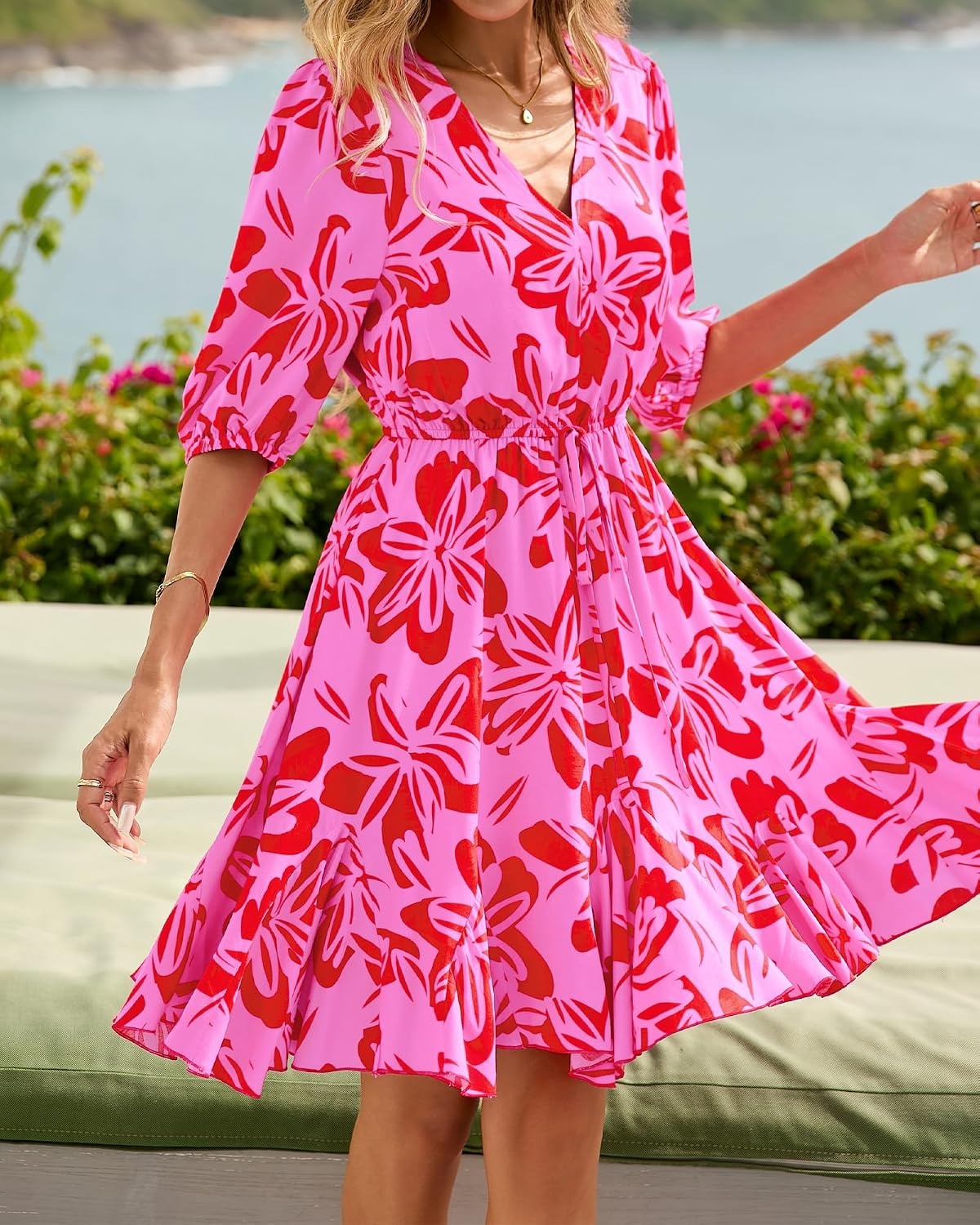 image:imageBTFBM Summer Mini Floral Dress for Women Beach VacationFloral Pink Red