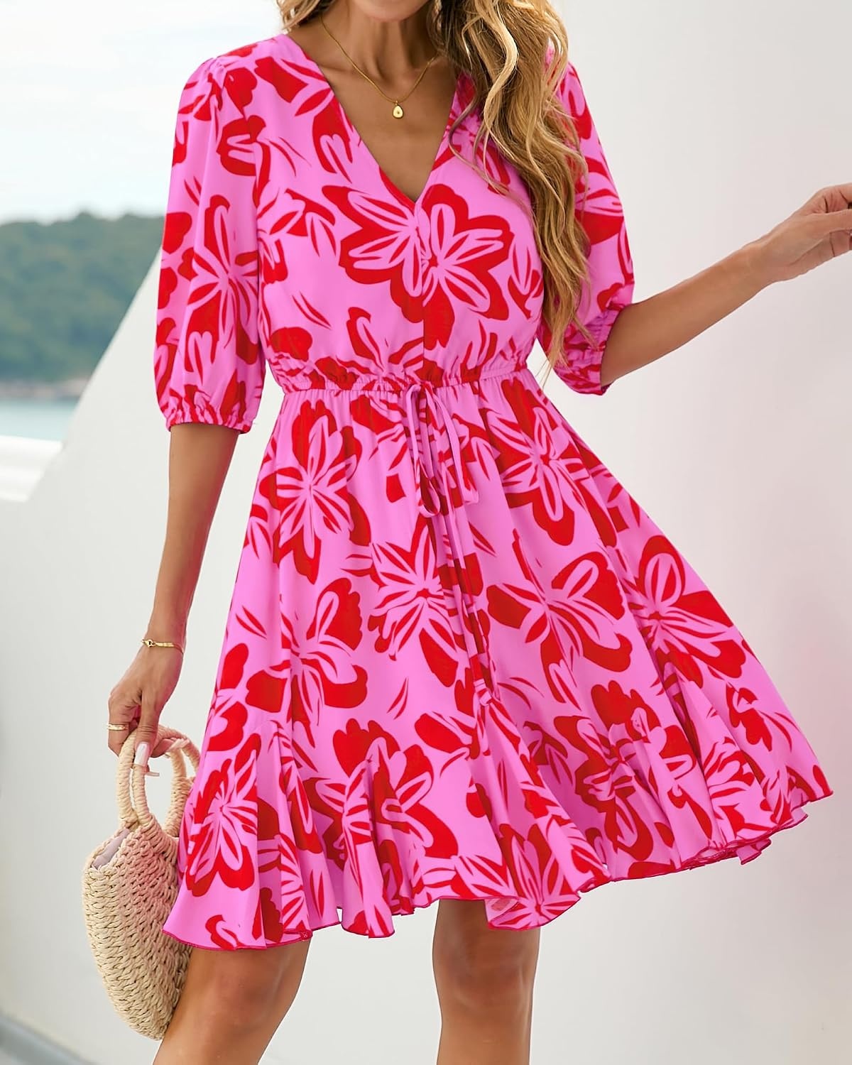 image:imageBTFBM Summer Mini Floral Dress for Women Beach VacationFloral Pink Red