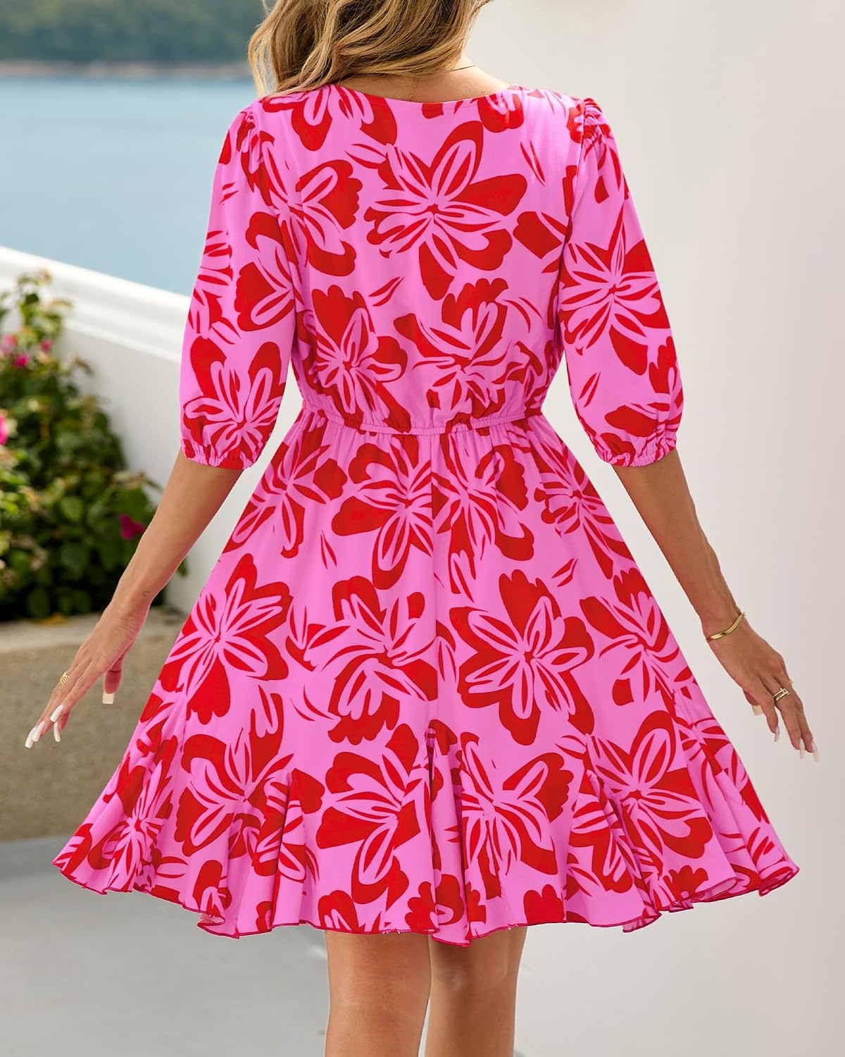 image:imageBTFBM Summer Mini Floral Dress for Women Beach VacationFloral Pink Red