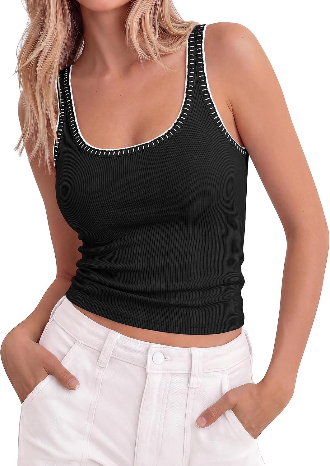 image:imageBTFBM Summer Tank Tops for Women Sleeveless Lightweight Ribbed Knit ShirtsBlack