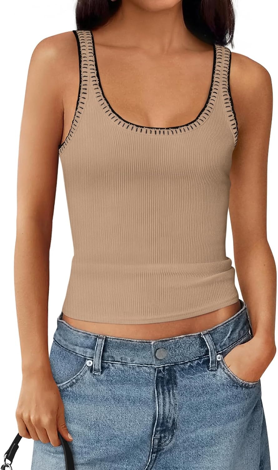 image:imageBTFBM Summer Tank Tops for Women Sleeveless Lightweight Ribbed Knit ShirtsKhaki
