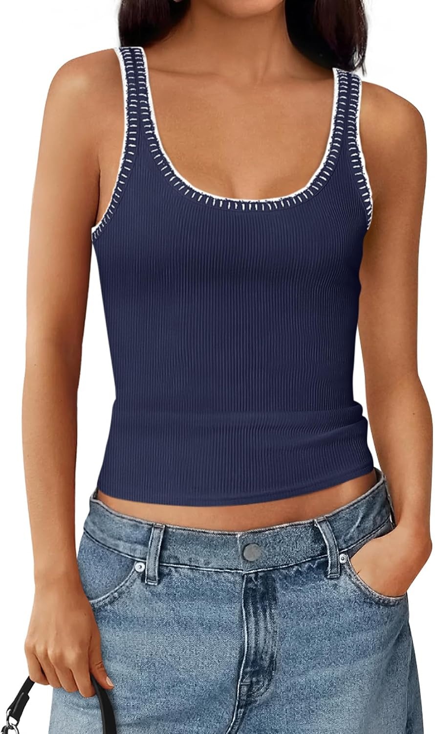 image:imageBTFBM Summer Tank Tops for Women Sleeveless Lightweight Ribbed Knit ShirtsNavy Blue