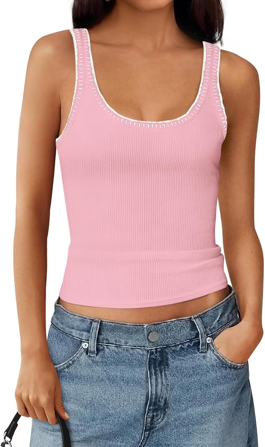 image:imageBTFBM Summer Tank Tops for Women Sleeveless Lightweight Ribbed Knit ShirtsPink