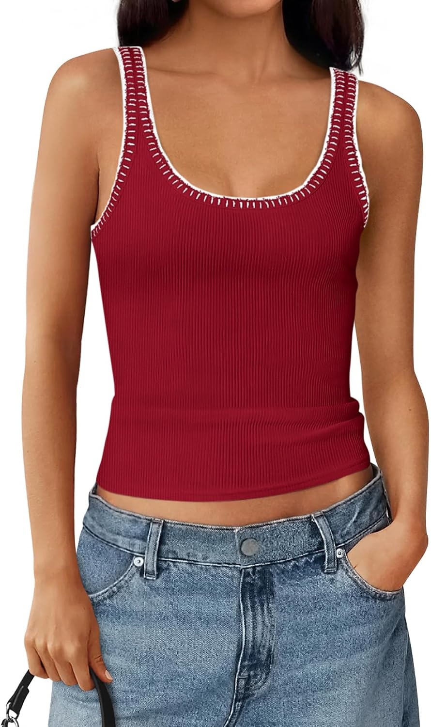 image:imageBTFBM Summer Tank Tops for Women Sleeveless Lightweight Ribbed Knit ShirtsRed