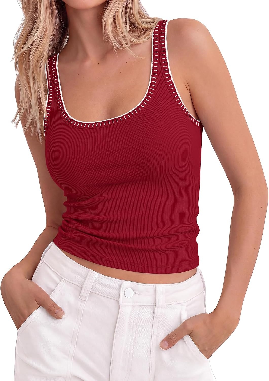 image:imageBTFBM Summer Tank Tops for Women Sleeveless Lightweight Ribbed Knit ShirtsRed
