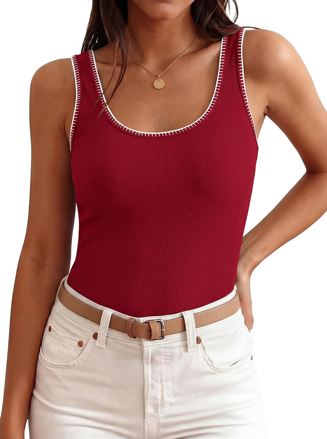 image:imageBTFBM Summer Tank Tops for Women Sleeveless Lightweight Ribbed Knit ShirtsRed