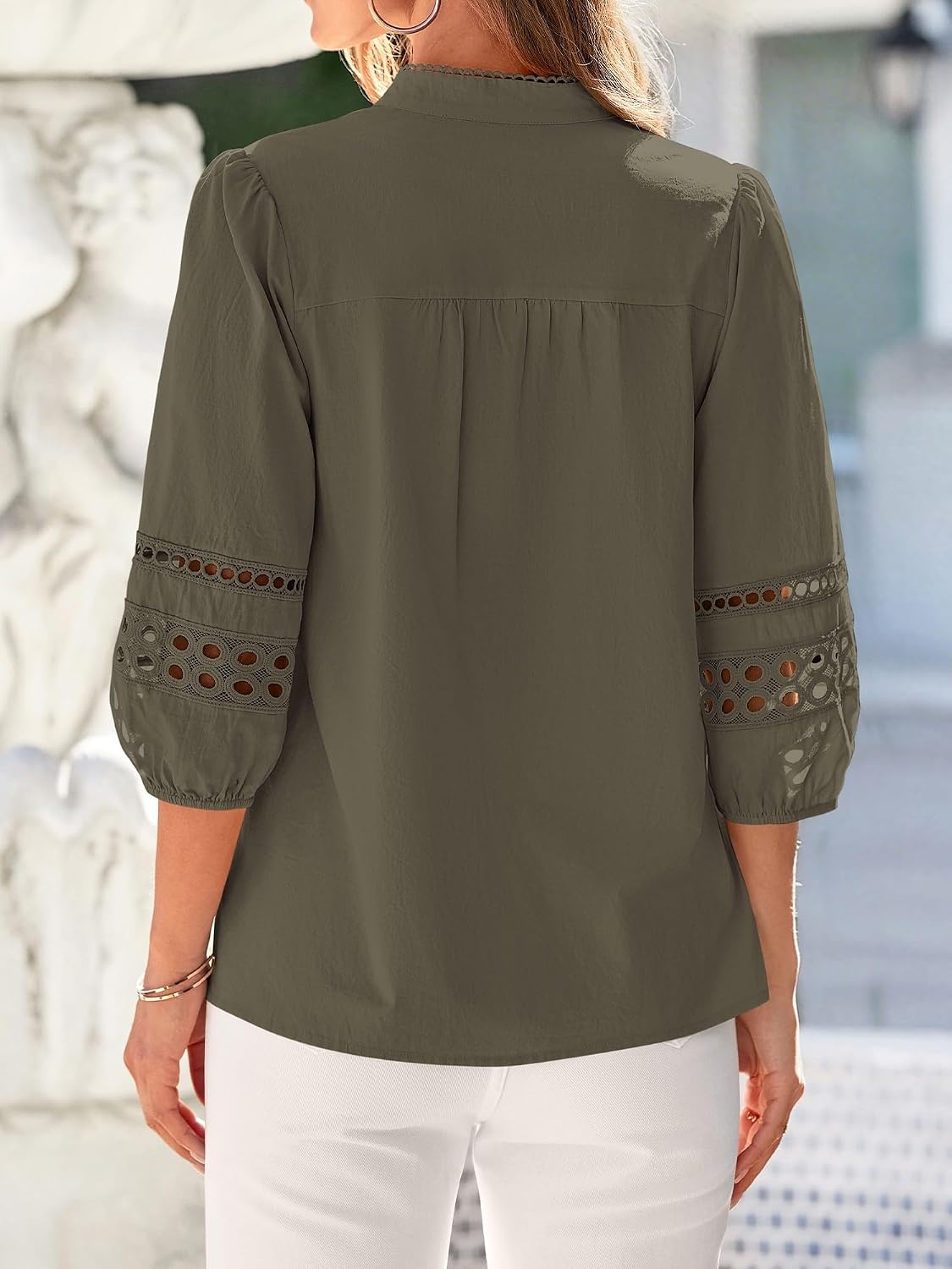 image:imageBTFBM Summer Tops for Women 2026 Eyelet Top 34 Length Sleeve Dressy Casual Blouses Spring Boho Button Down ShirtsArmy Green