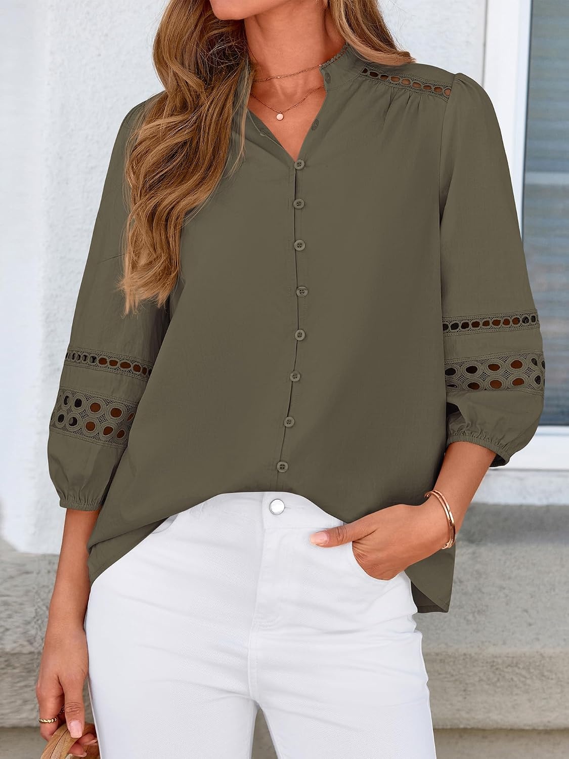 image:imageBTFBM Summer Tops for Women 2026 Eyelet Top 34 Length Sleeve Dressy Casual Blouses Spring Boho Button Down ShirtsArmy Green