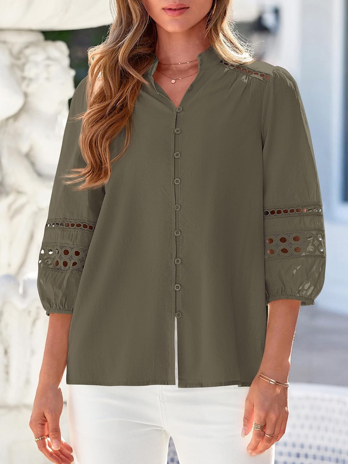 image:imageBTFBM Summer Tops for Women 2026 Eyelet Top 34 Length Sleeve Dressy Casual Blouses Spring Boho Button Down ShirtsArmy Green