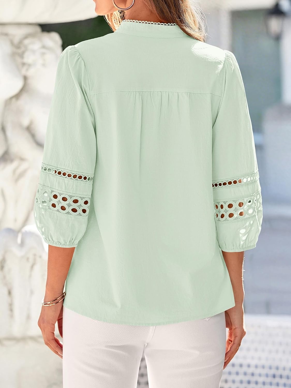image:imageBTFBM Summer Tops for Women 2026 Eyelet Top 34 Length Sleeve Dressy Casual Blouses Spring Boho Button Down ShirtsBean Green