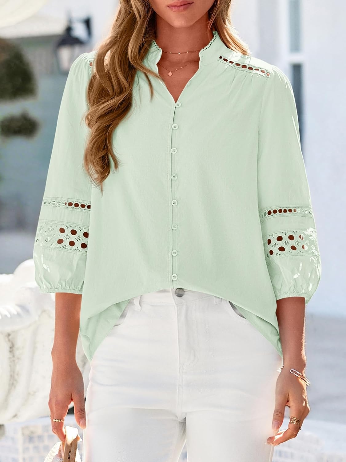 image:imageBTFBM Summer Tops for Women 2026 Eyelet Top 34 Length Sleeve Dressy Casual Blouses Spring Boho Button Down ShirtsBean Green