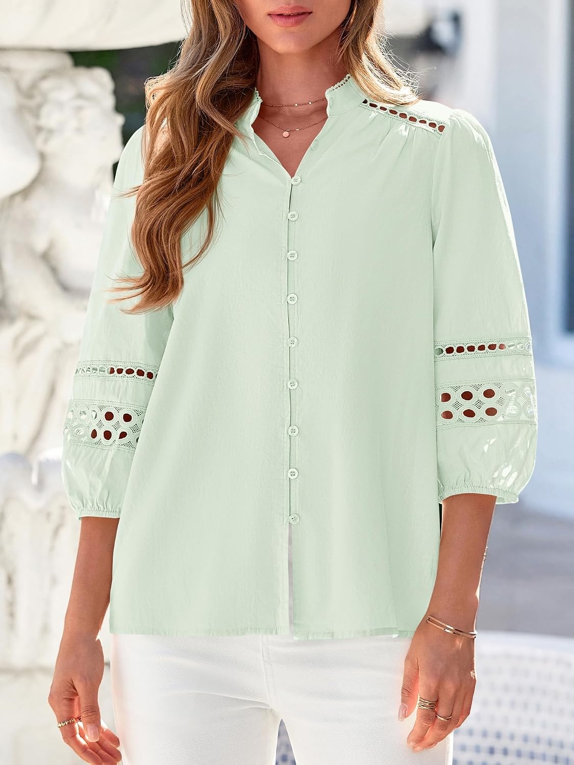 image:imageBTFBM Summer Tops for Women 2026 Eyelet Top 34 Length Sleeve Dressy Casual Blouses Spring Boho Button Down ShirtsBean Green