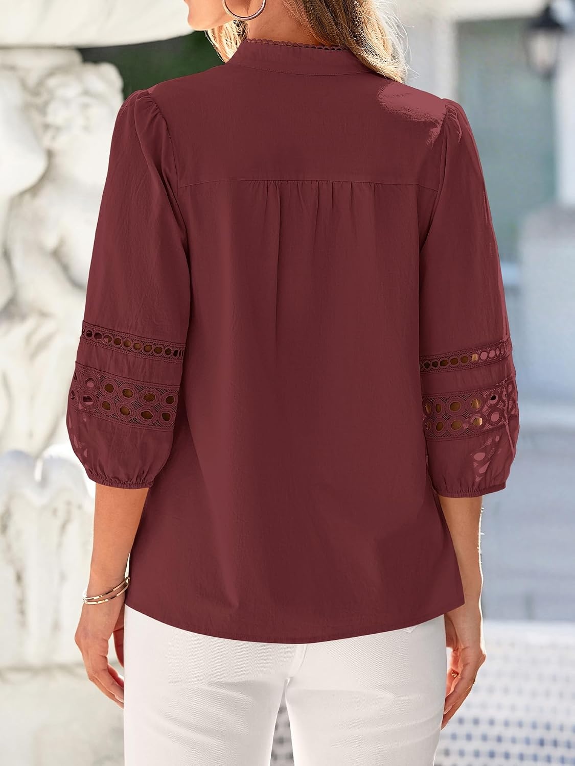 image:imageBTFBM Summer Tops for Women 2026 Eyelet Top 34 Length Sleeve Dressy Casual Blouses Spring Boho Button Down ShirtsJujube Red
