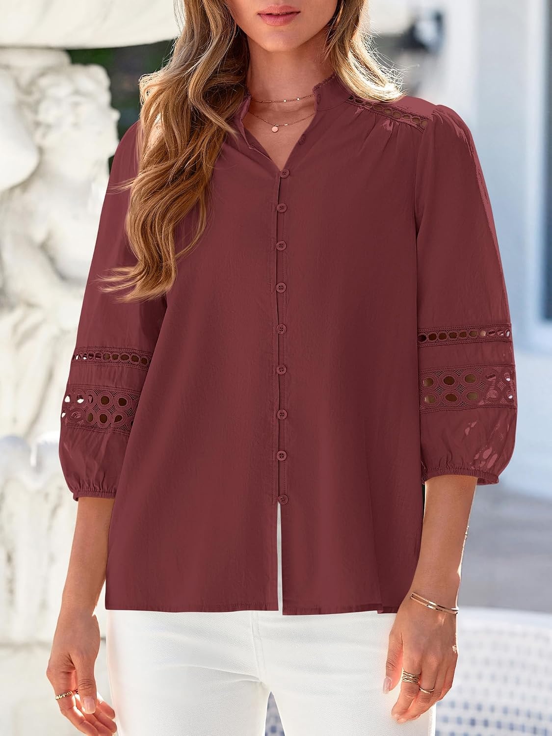 image:imageBTFBM Summer Tops for Women 2026 Eyelet Top 34 Length Sleeve Dressy Casual Blouses Spring Boho Button Down ShirtsJujube Red