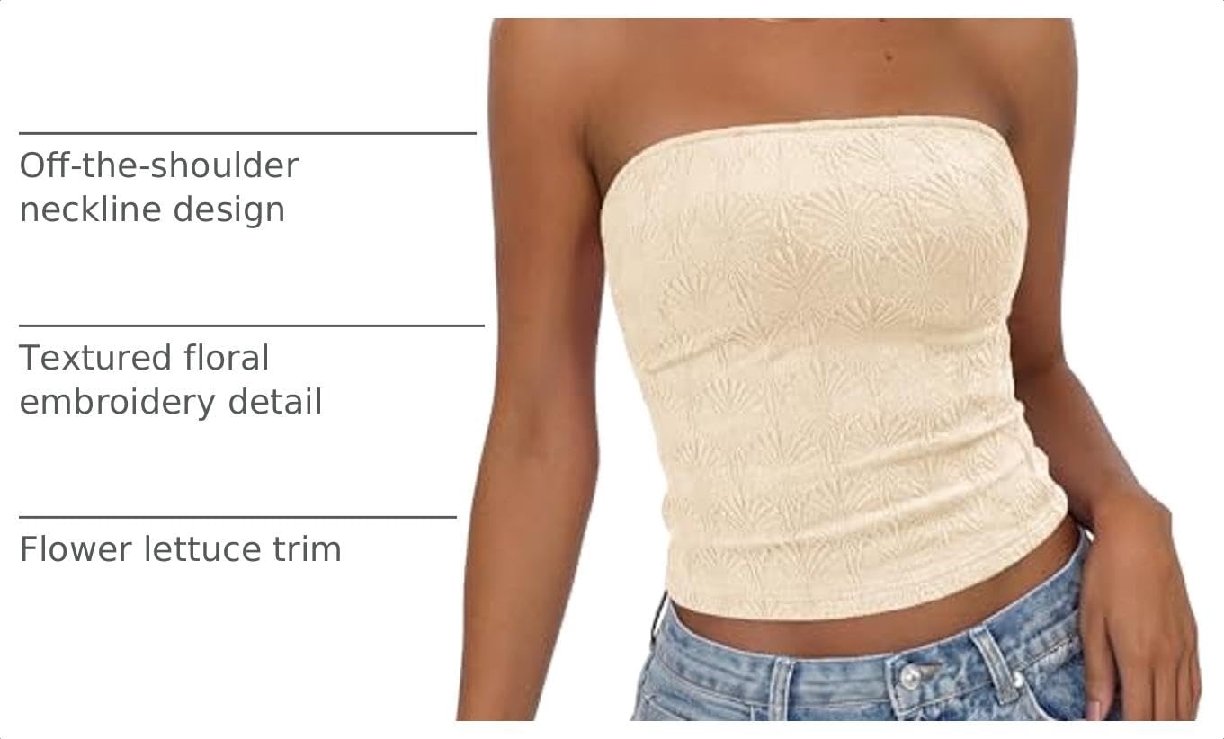 image:imageBTFBM Tube Tops for Women Floral Embroidery Summer Crop TopApricot