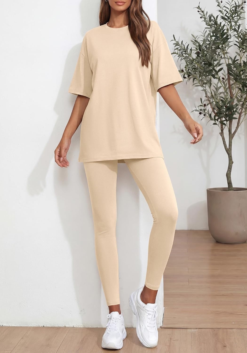 image:imageBTFBM Two Piece Lounge Set Women 2026 Fall Casual Oversized Shirts Leggings Matching Workout Airport Travel OutfitsBeige