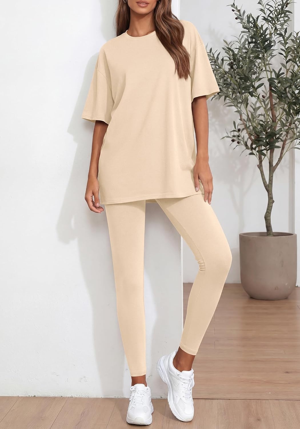 image:imageBTFBM Two Piece Lounge Set Women 2026 Fall Casual Oversized Shirts Leggings Matching Workout Airport Travel OutfitsBeige