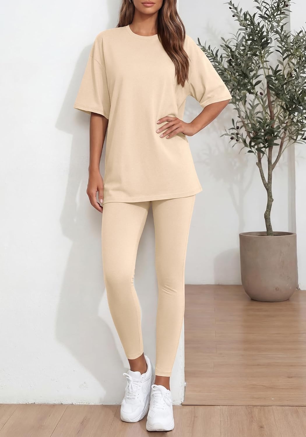 image:imageBTFBM Two Piece Lounge Set Women 2026 Fall Casual Oversized Shirts Leggings Matching Workout Airport Travel OutfitsBeige