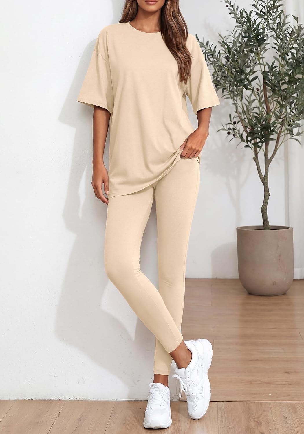 image:imageBTFBM Two Piece Lounge Set Women 2026 Fall Casual Oversized Shirts Leggings Matching Workout Airport Travel OutfitsBeige