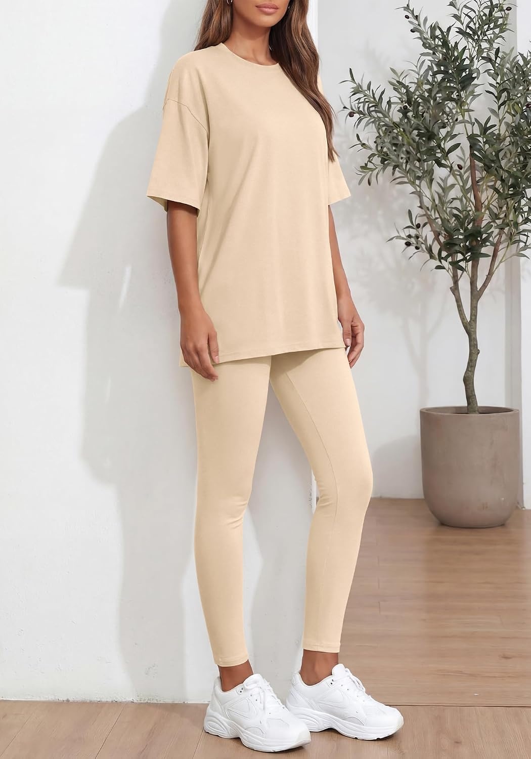 image:imageBTFBM Two Piece Lounge Set Women 2026 Fall Casual Oversized Shirts Leggings Matching Workout Airport Travel OutfitsBeige