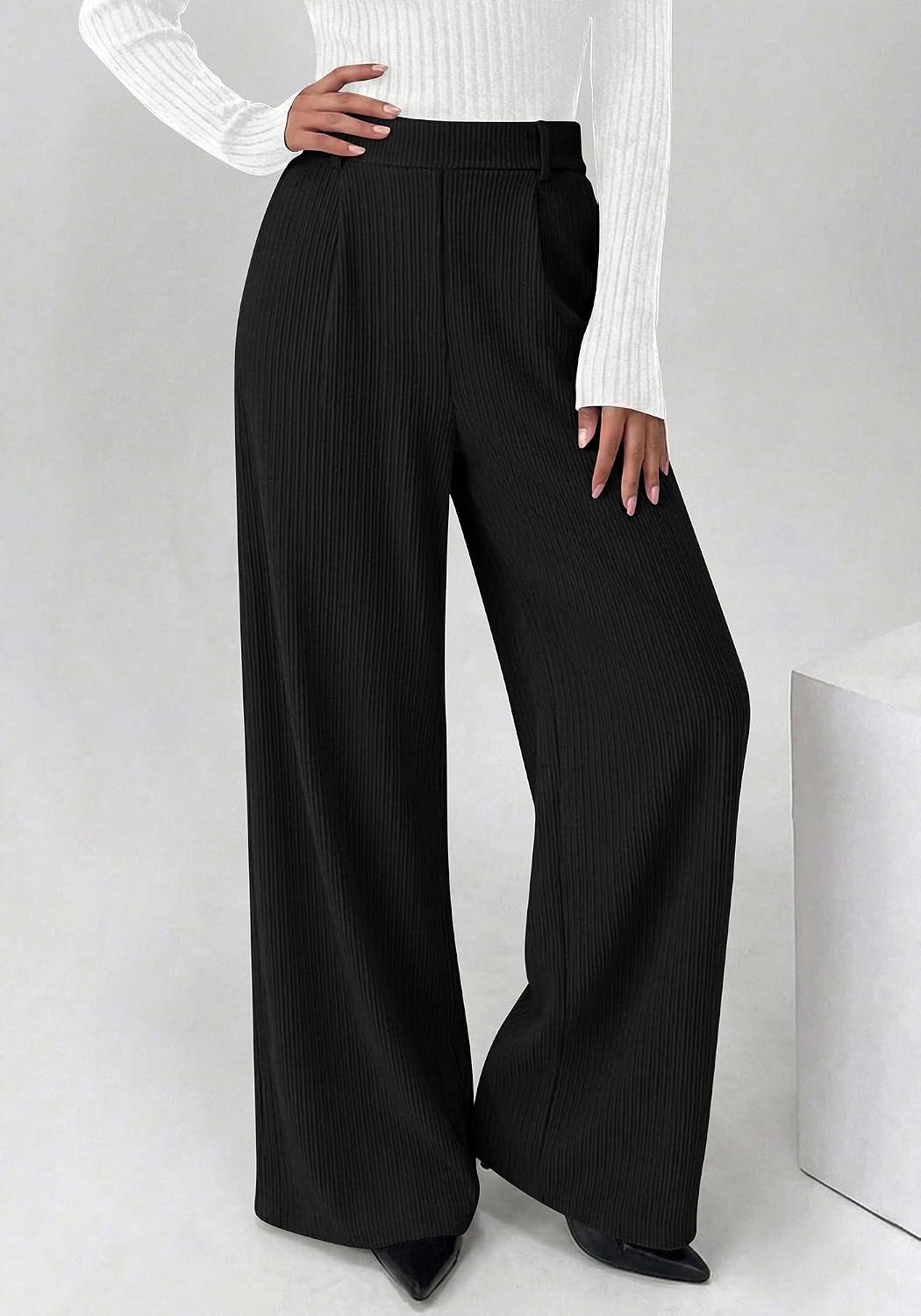 image:imageBTFBM Wide Leg Pants Woman Ribbed Business Casual TrousersBlack