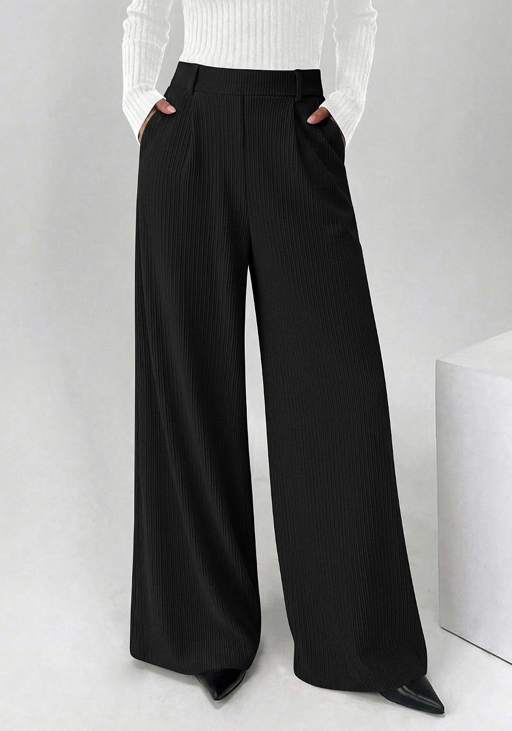 image:imageBTFBM Wide Leg Pants Woman Ribbed Business Casual TrousersBlack