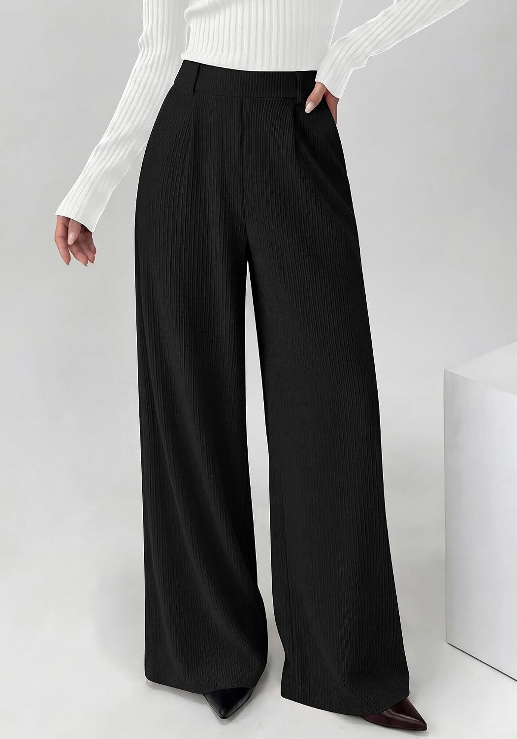 image:imageBTFBM Wide Leg Pants Woman Ribbed Business Casual TrousersBlack