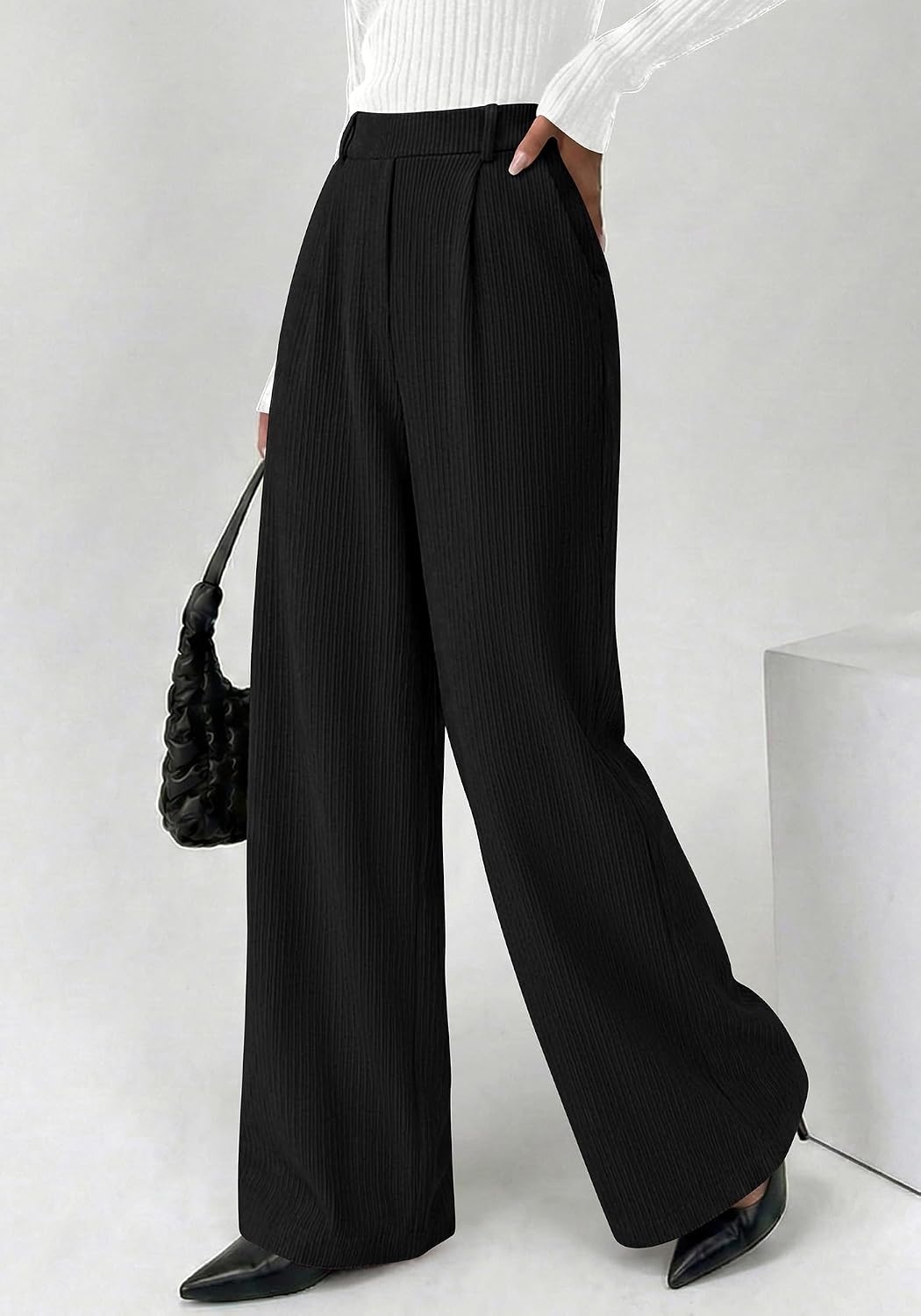 image:imageBTFBM Wide Leg Pants Woman Ribbed Business Casual TrousersBlack