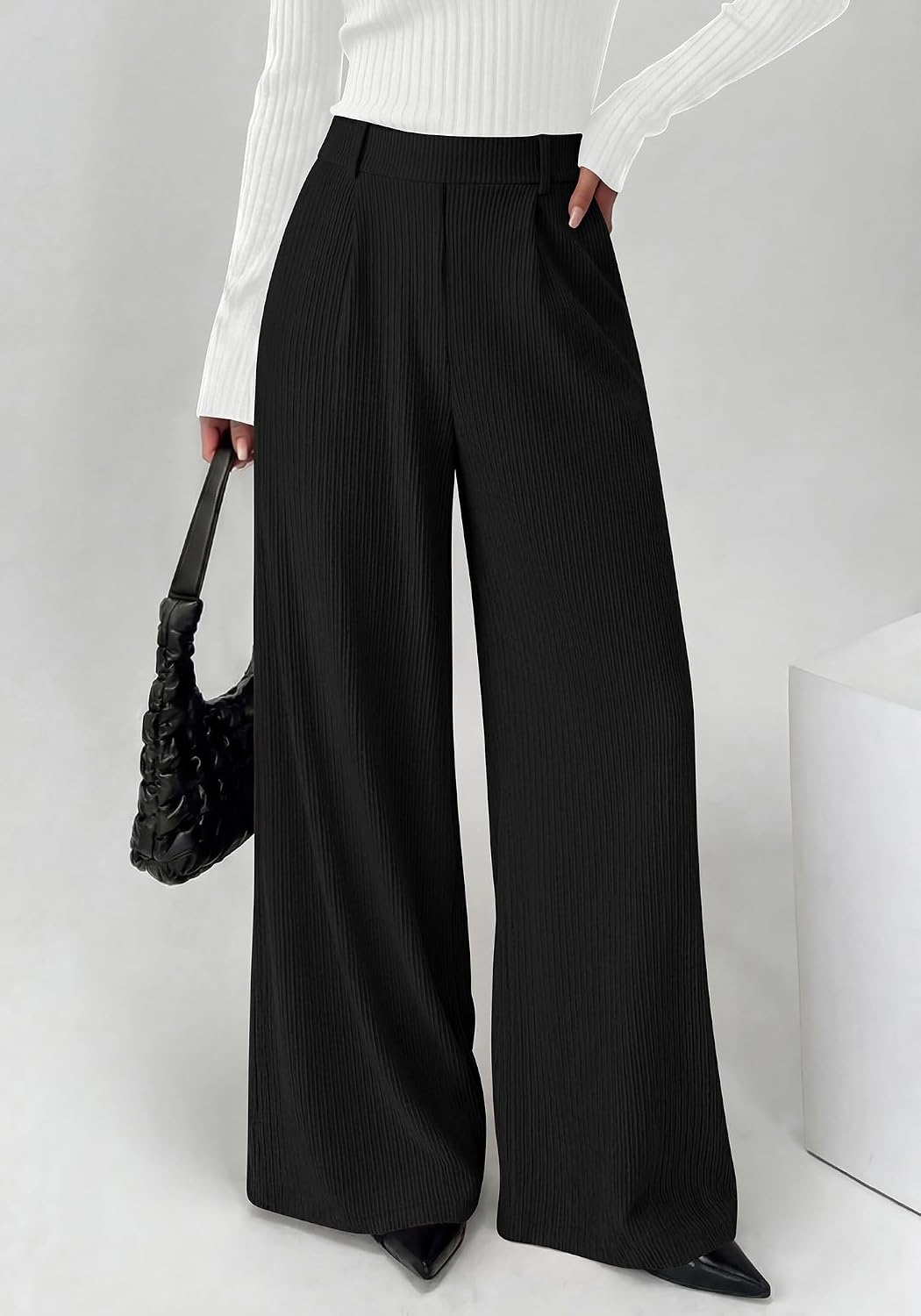 image:imageBTFBM Wide Leg Pants Woman Ribbed Business Casual TrousersBlack