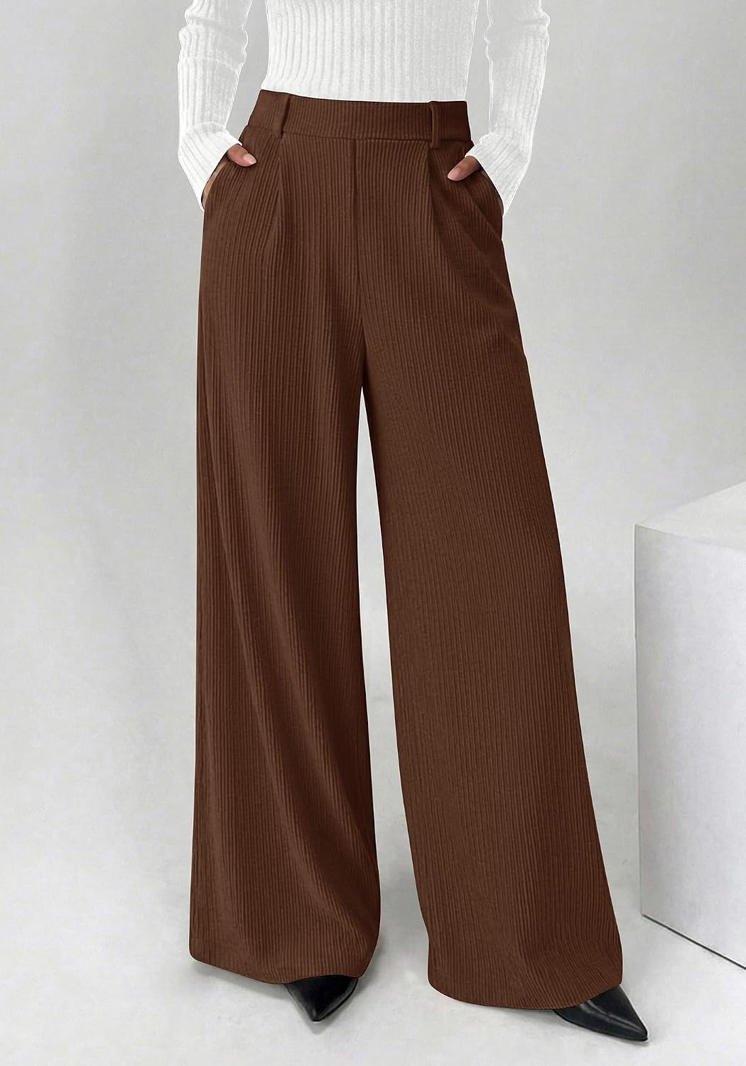 image:imageBTFBM Wide Leg Pants Woman Ribbed Business Casual TrousersBrown