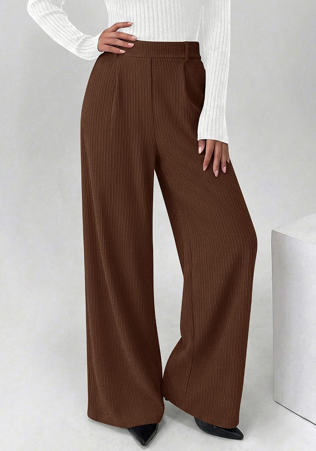 image:imageBTFBM Wide Leg Pants Woman Ribbed Business Casual TrousersBrown