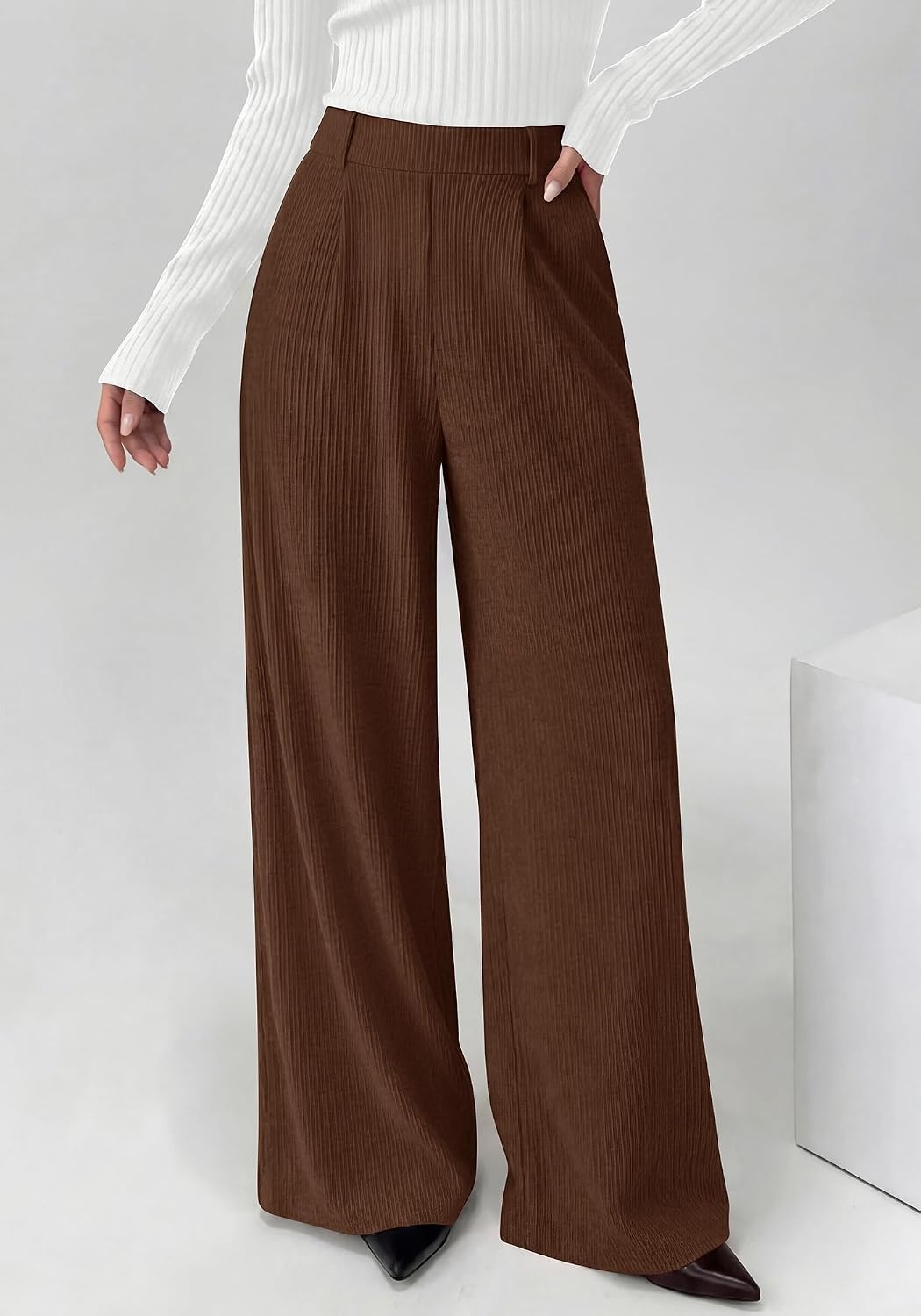 image:imageBTFBM Wide Leg Pants Woman Ribbed Business Casual TrousersBrown