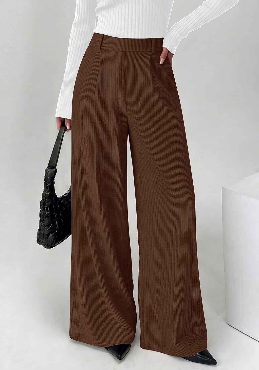 image:imageBTFBM Wide Leg Pants Woman Ribbed Business Casual TrousersBrown