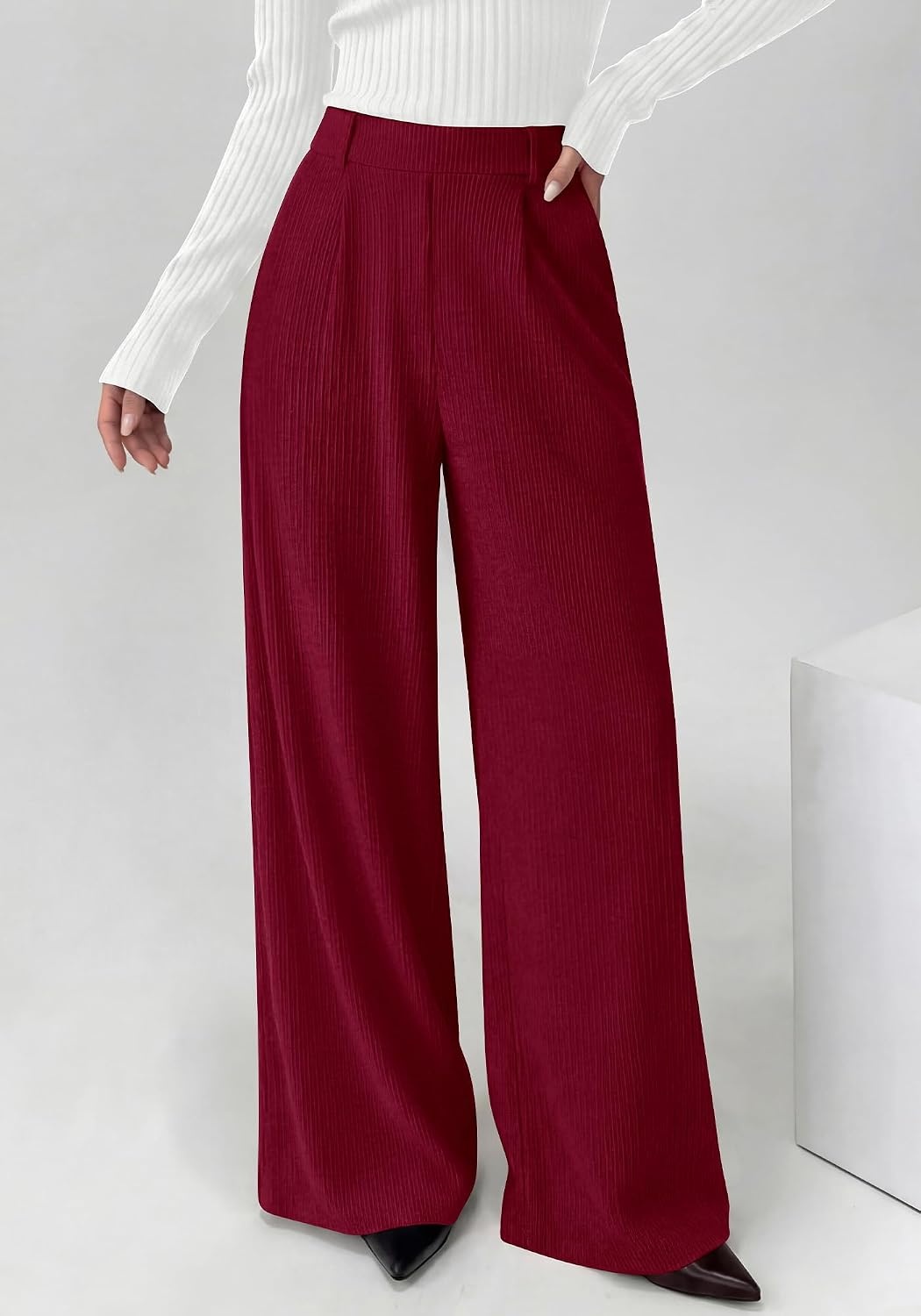 image:imageBTFBM Wide Leg Pants Woman Ribbed Business Casual TrousersBurgundy