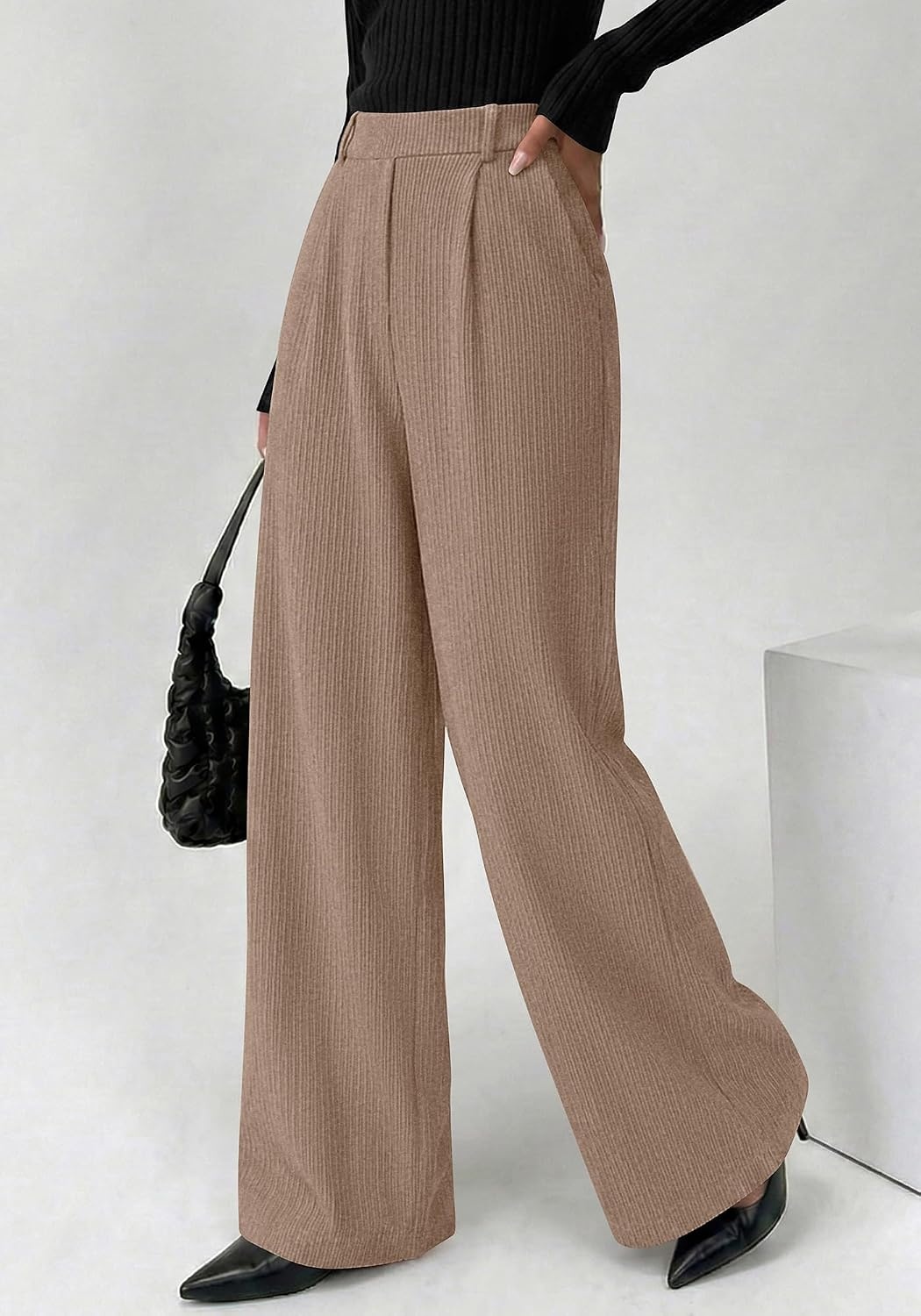 image:imageBTFBM Wide Leg Pants Woman Ribbed Business Casual TrousersKhaki