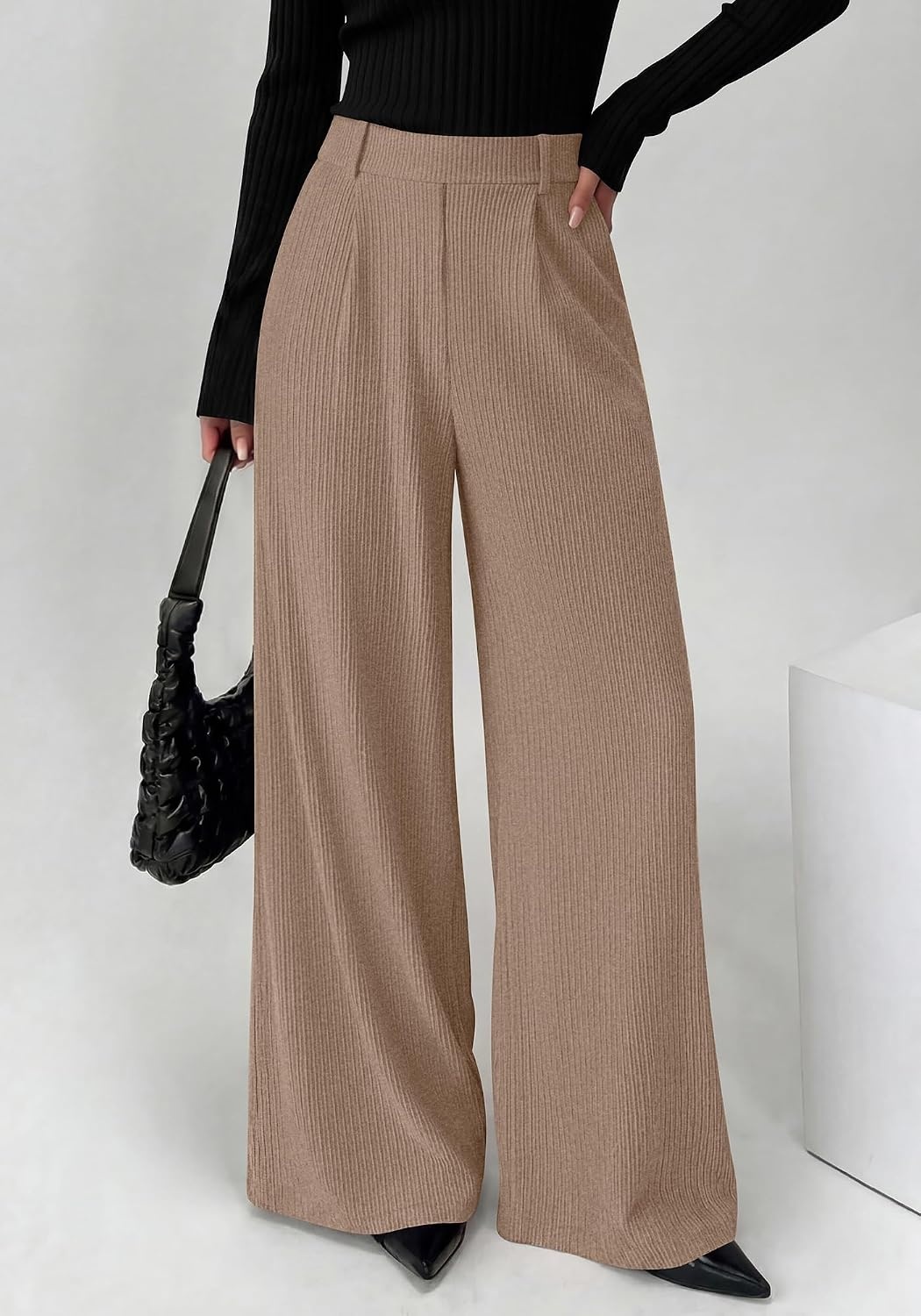 image:imageBTFBM Wide Leg Pants Woman Ribbed Business Casual TrousersKhaki