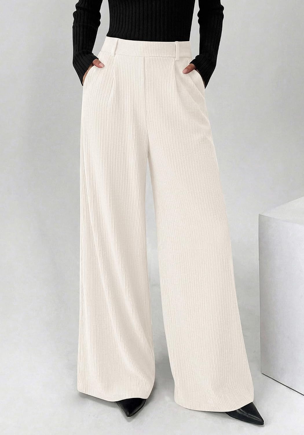 image:imageBTFBM Wide Leg Pants Woman Ribbed Business Casual TrousersWhite