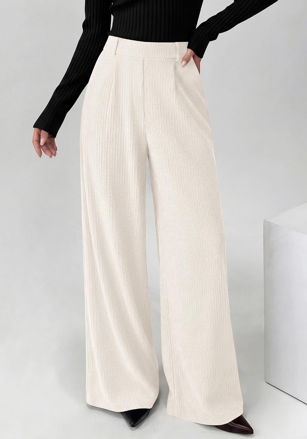 image:imageBTFBM Wide Leg Pants Woman Ribbed Business Casual TrousersWhite
