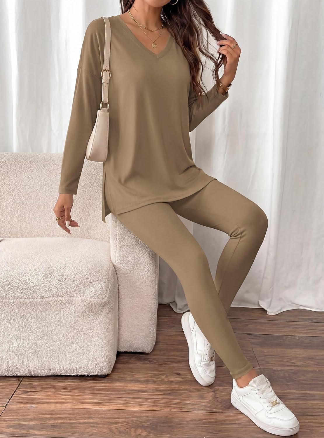 image:imageBTFBM Women 2 Piece Lounge Set Airport Travel OutfitsDark Khaki