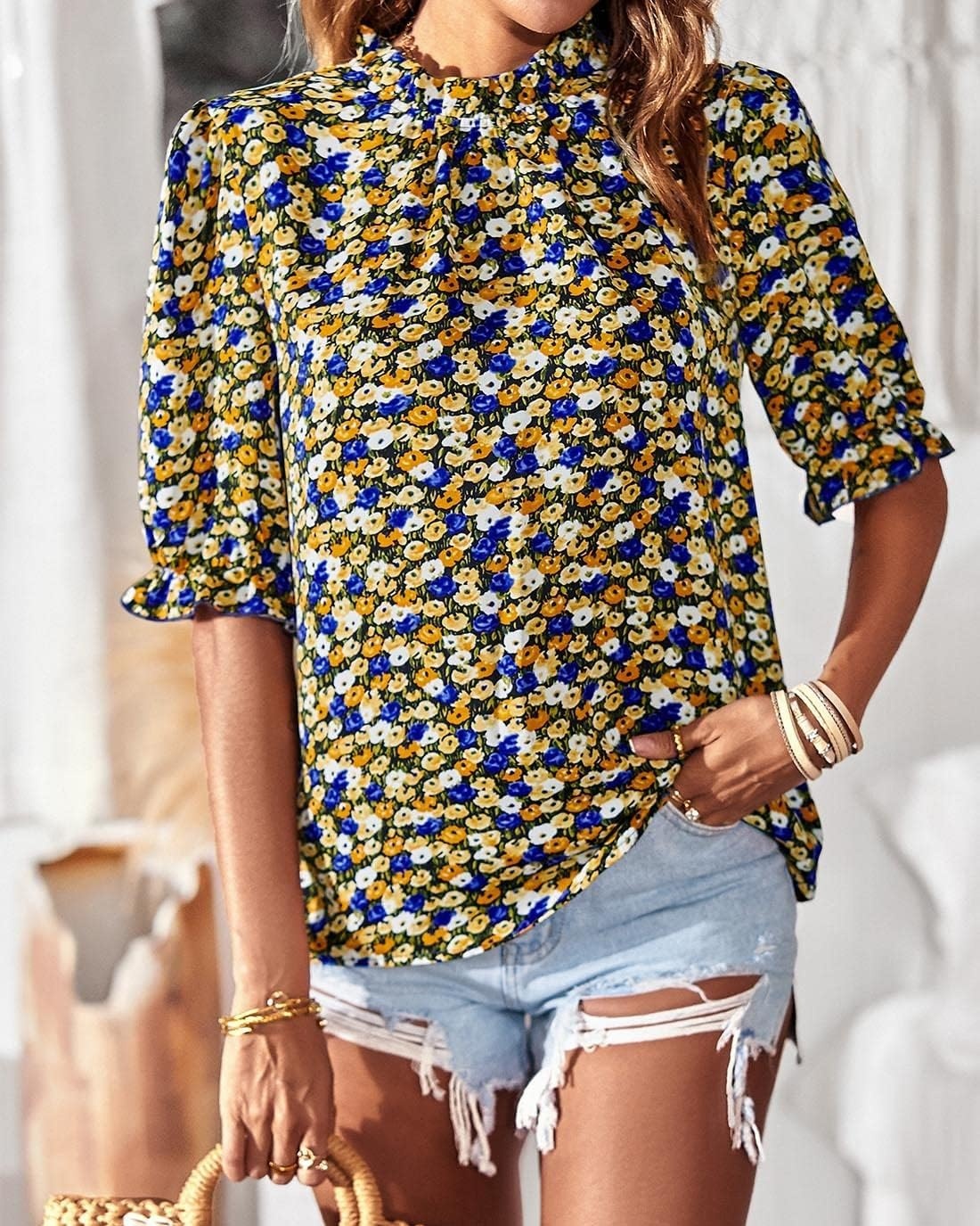 image:imageBTFBM Women Blouses High Neck Boho Floral TopsFloral Black